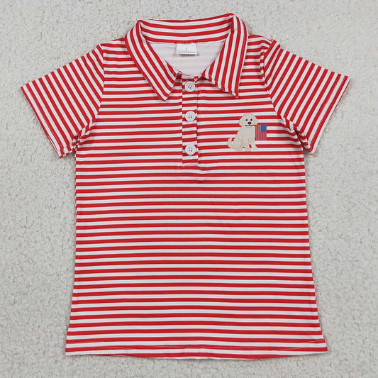Baby Boys Clothes Red Stripe Dogs Flags 4th of July Button Polo Shirts Top BT1619
