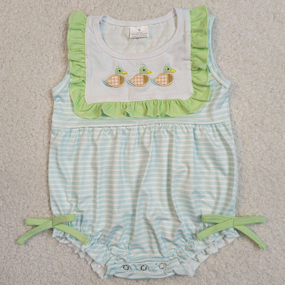 Baby Girls Rompers Embroidery Ducks Sleeveless Stripe Hunting Ruffle Rompers SR4082 SR4081