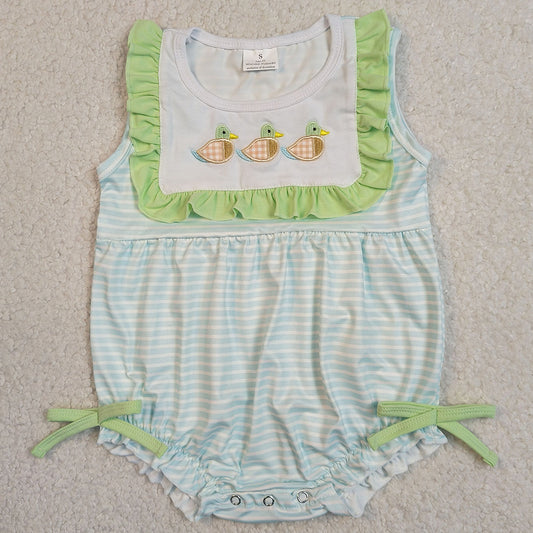 Baby Girls Rompers Embroidery Ducks Sleeveless Stripe Hunting Ruffle Rompers SR4082 SR4081