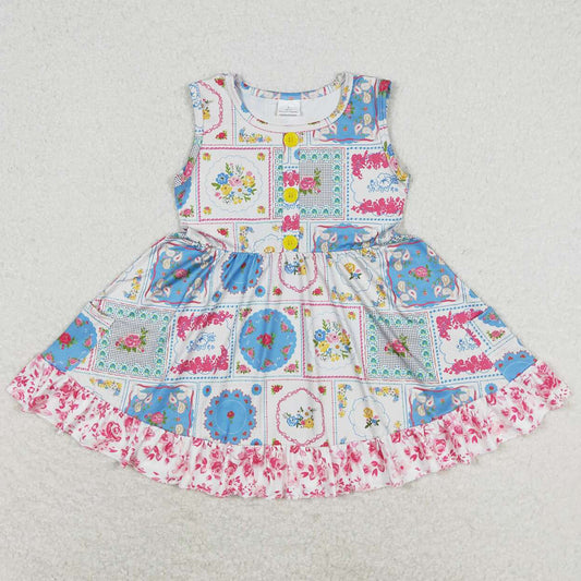 Baby Girls Dress Summer Blue Flowers Branches Sleeveless Knee Length Dresses GSD1000