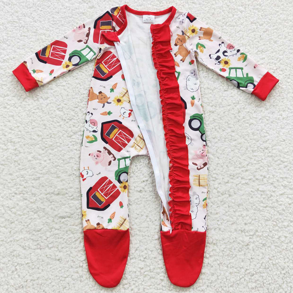 Farm Print Baby Boys Romper Footie Jumpsuit Sibling Girls Romper LR0378 LR0379