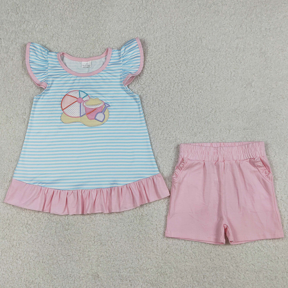 Baby Girls Clothes Embroidery Beach Blue Stripe Tunic Pockets Shorts Clothes Sets GSSO3109 BSSO1834