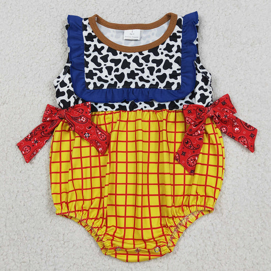 Baby Girls Rompers Sleeveless Cow Print Yellow Checked Ruffle Rompers SR4115