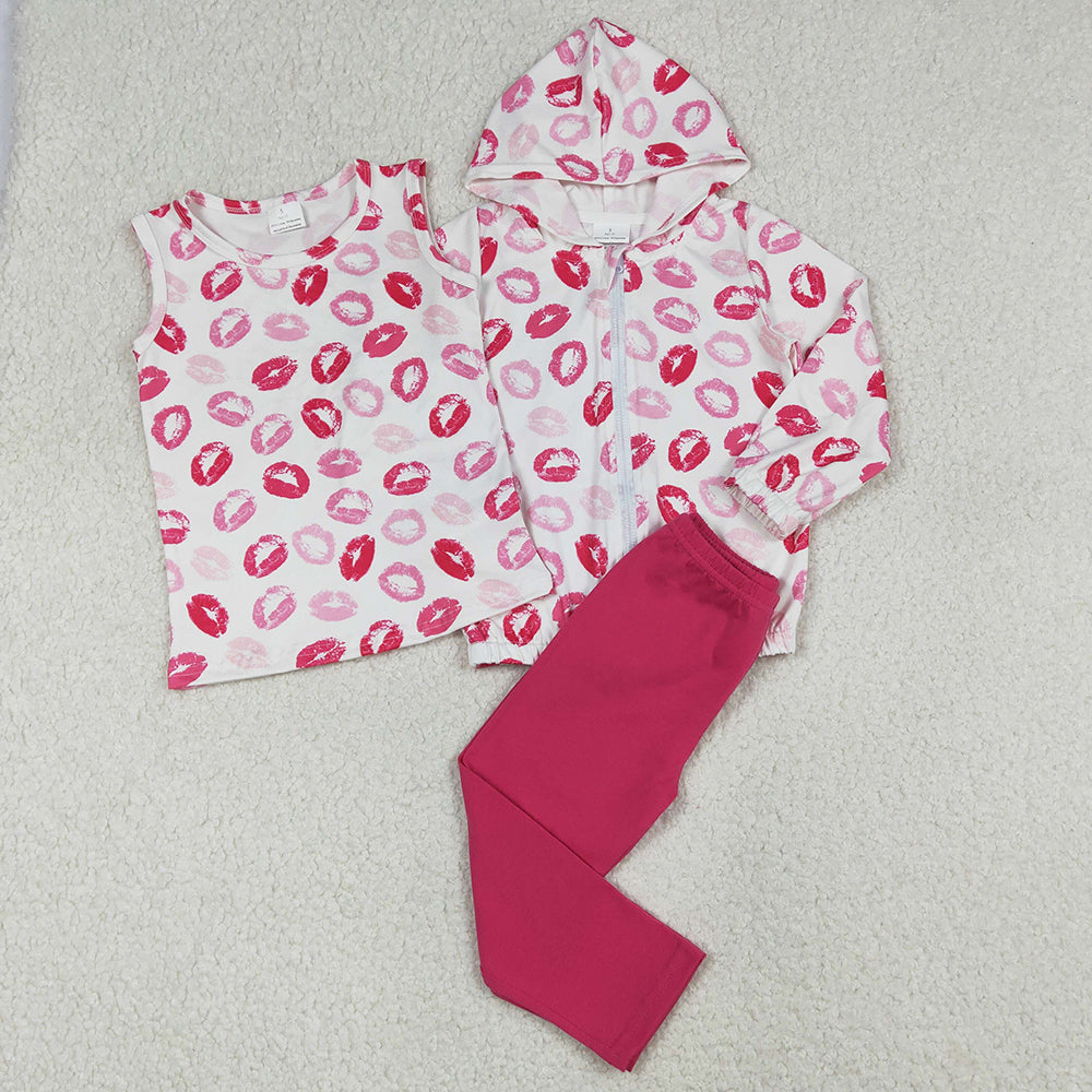 Baby Girls Red Mouths Plaid Vest Zip Cardigan Hoodies Leggings 3 Pcs Valentines Clothes Sets GLP3120 12.20