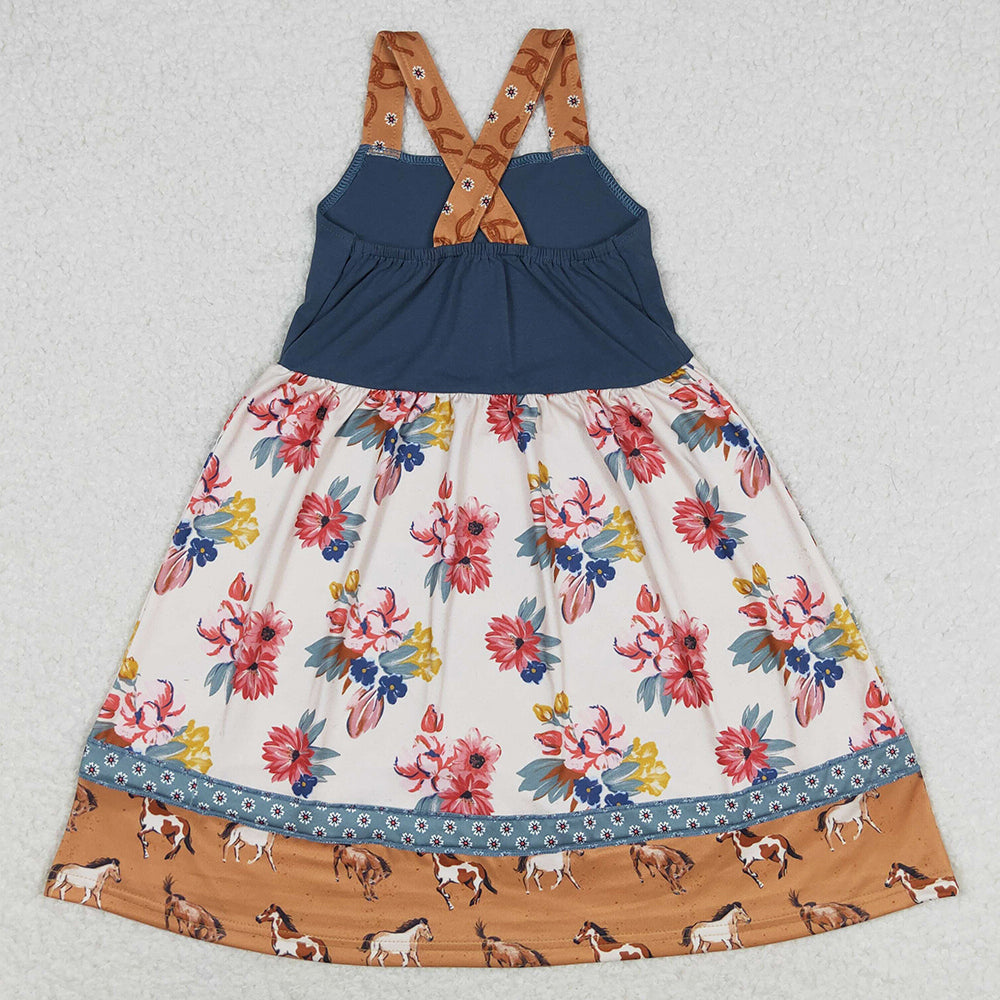 Baby Girls Dress Western Horse Flowers Straps Knee Length Dresses GSD1035