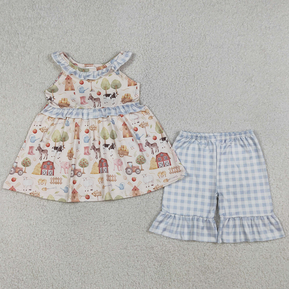 Baby Girls Clothes Sleeveless Pigs Cows Tunic Ruffle Checked Shorts Farm Clothes Sets GSSO3077
