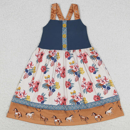 Baby Girls Dress Western Horse Flowers Straps Knee Length Dresses GSD1035