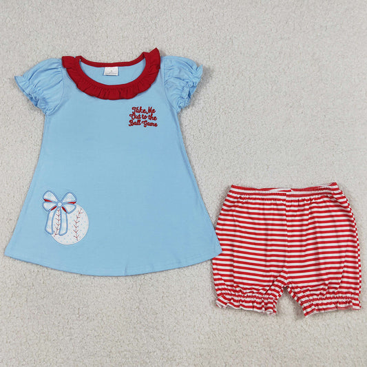 Baby Girls Clothes Embroidery Baseballs Bows Tunic Stripe Ruffle Shorts Team Clothes Sets GSSO3245