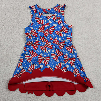 Baby Girls Dress Flag Bows Stars 4th of July Yoga Active Short Scallop Knee Length Dress GSD3925