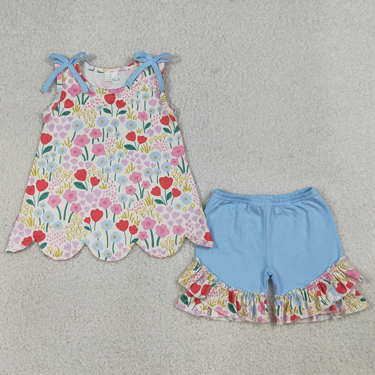 Baby Girls Clothes Sleeveless Colorful Flowers Scallop Tunic Ruffle Shorts Clothes Set GSSO3390