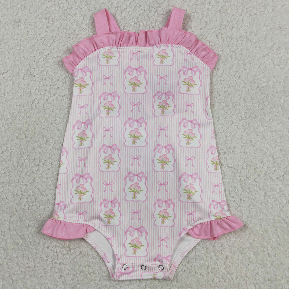 Baby Girls Clothes Pink Strap Flowers Back Bows Ruffle Rompers SR4112