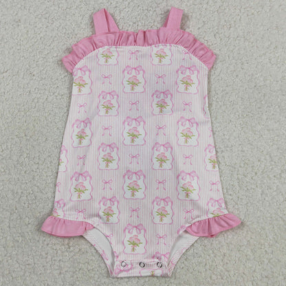Baby Girls Clothes Pink Strap Flowers Back Bows Ruffle Rompers SR4112