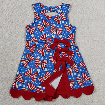 Baby Girls Dress Flag Bows Stars 4th of July Yoga Active Short Scallop Knee Length Dress GSD3925