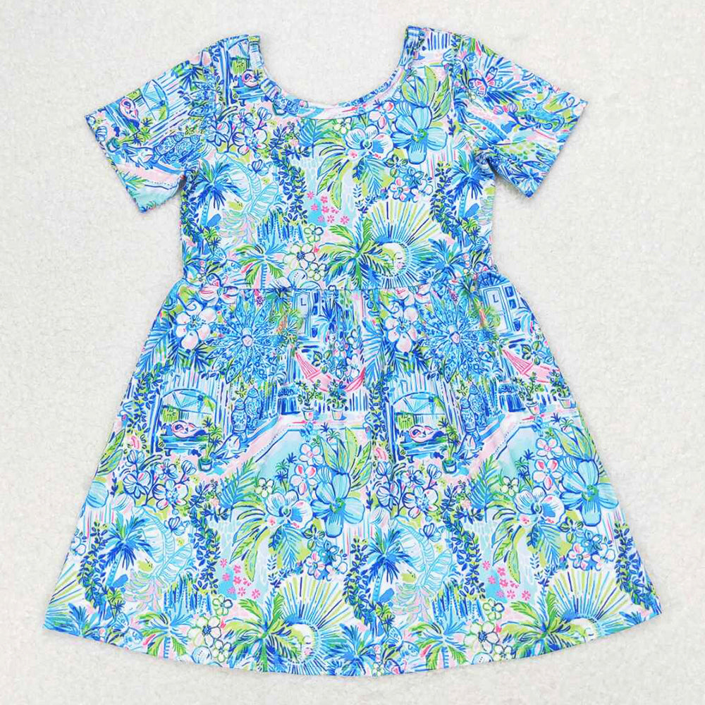 Baby Girls Dress Blue Flowers Short Sleeve Knee Length Dresses GSD1114