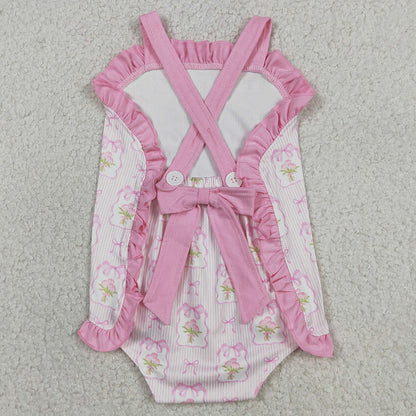 Baby Girls Clothes Pink Strap Flowers Back Bows Ruffle Rompers SR4112