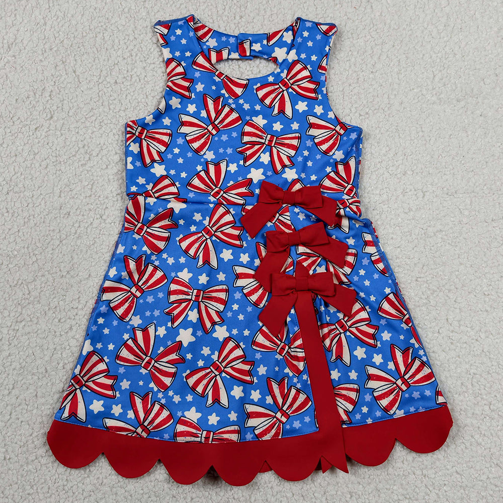 Baby Girls Dress Flag Bows Stars 4th of July Yoga Active Short Scallop Knee Length Dress GSD3925