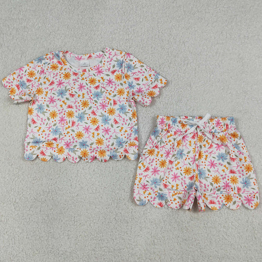 Baby Girls Clothes Short Sleeve Colorful Flowers Top Scallop Shorts Clothes Sets GSSO3269