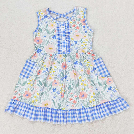 Baby Girls Dress Blue Flowers Checkered Pocket Knee Length Dresses GSD1009