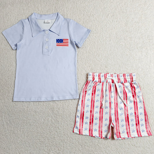 Baby Boys Clothes Flag Button Polo Shirt Top Pockets Stripe Short 4th Of July Clothes Sets BSSO1480