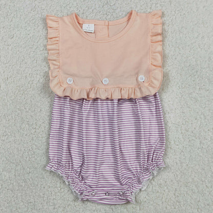Baby Girls Rompers Sleeveless Lavender Stripe Back Button Two Pieces Ruffle Rompers SR3941