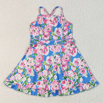 Baby Girls Dress Blue Strap Colorful Floral Yoga Ruffle Knee Length Dresses GSD2284 7.8