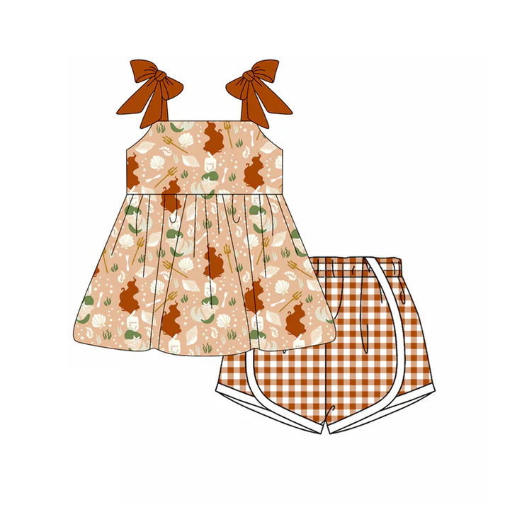 Preorder moq 5 Baby Girls Brown Strap Horse Rodeo Tunic Plaid Short Set 4.15