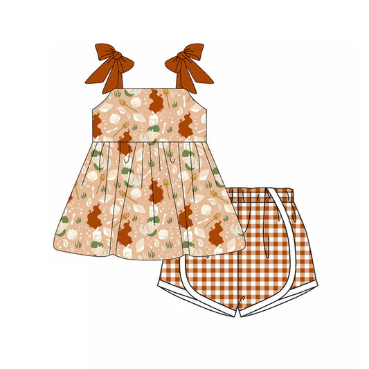 Preorder moq 5 Baby Girls Brown Strap Horse Rodeo Tunic Plaid Short Set 4.15