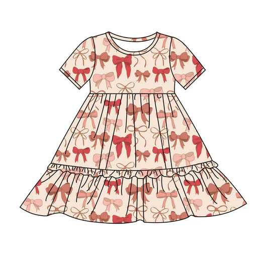 Preorder(moq 8)Baby Girls Pink Red Bows Plaid Ruffle Knee Length Dresses 9.25