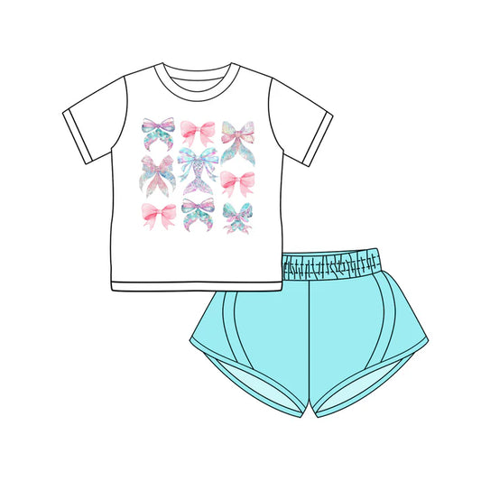 Preorder (moq 5)Baby Girls Short Sleeves Bows Mermaid Top Blue Yoga Short Set 4.25