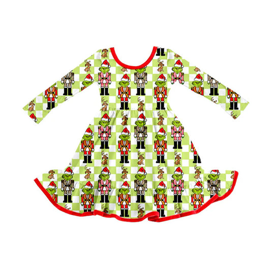 Preorder (moq 5)Baby Girls Green Face Soldiers Checked Christmas Ruffle Knee Length Dress 8.29