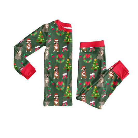 preorder(moq 5) Baby Girls Green Long Sleeves Dogs Holly Plaid Top Pants Pajamas Set 7.25