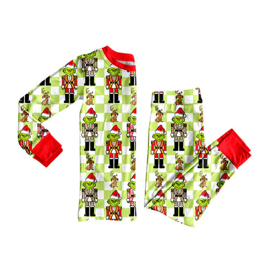 Preorder (moq 5)Baby Girls Green Face Soldiers Checked Top Pants Christmas Pajamas Sets 8.29