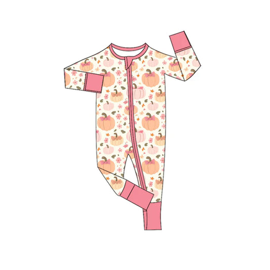 Preorder moq 5 Baby Infant Girls Pink Long Sleeves Flowers Pumpkins Plaid Zipper Romper 7.15