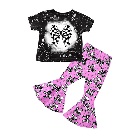 Preorder (moq 5)Baby Girls Black Short Sleeves Plaid Bows Top Pink Bell Bottom Pant Set 5.12