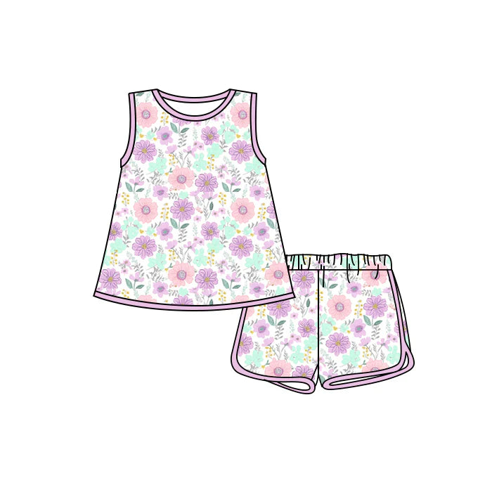 Preorder moq 5 Baby Girls Sleeveless Lavender Flowers Tunic Short Set 4.17