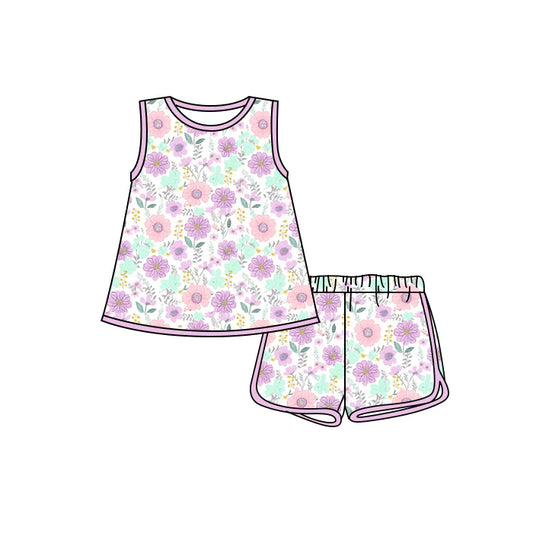 Preorder moq 5 Baby Girls Sleeveless Lavender Flowers Tunic Short Set 4.17