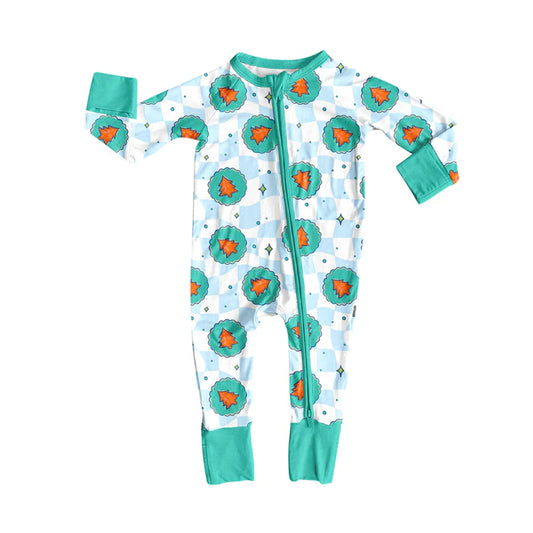 Preorder moq 5 Baby Infant Boys Long Sleeves Aqua Plaid Christmas Trees Zipper Romper 7.15