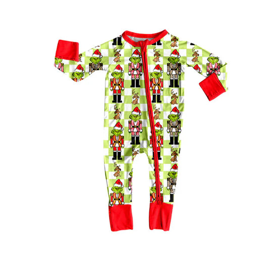 Preorder(moq 5)Baby Girls Green Face Soldiers Checked Christmas Zipper Footie Rompers 8.29