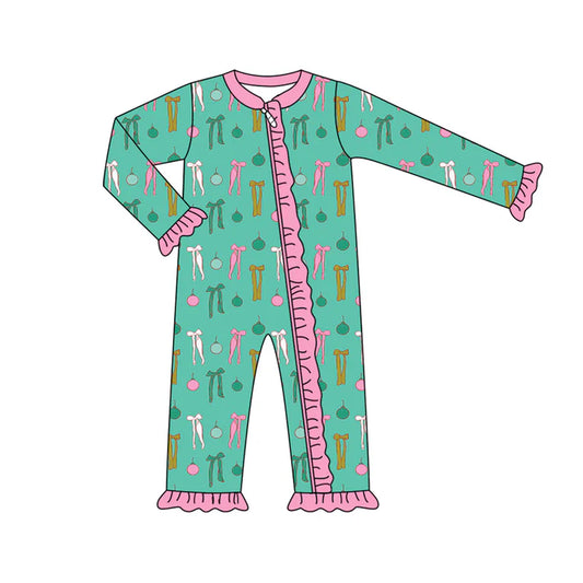 Preorder (moq 5)Baby Girls Long Sleeves Green Lights Bows Plaid Ruffle Zipper Romper 7.3