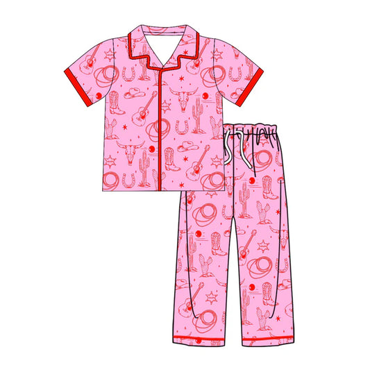 Preorder (moq 8)Baby Kids Short Sleeve Bull Skulls Cactus Button Top Pants Western Pajamas Sets 9.19