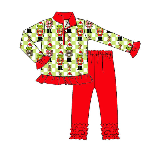 Preorder (moq 5)Baby Girls Green Face Soldiers Checked Zipper Pullovers Ruffle Leggings Christmas Set 8.29