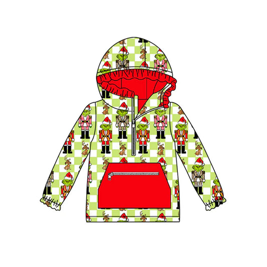 Preorder(moq 5)Baby Girls Green Face Soldiers Checked Christmas Pockets Zipper Hoodie Tops 8.29