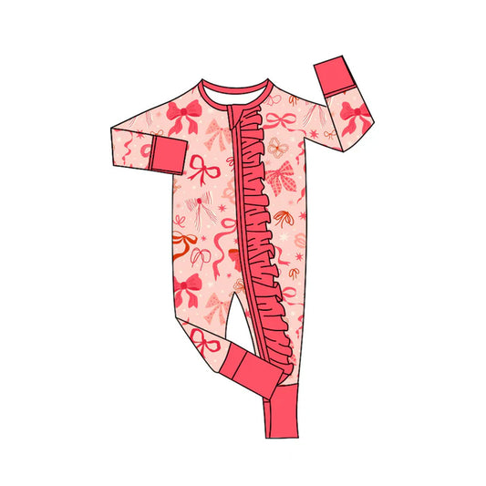 Preorder (moq 8)Baby Girls Peach Stars Bows Valentine Ruffle Zipper Footie Rompers 9.20