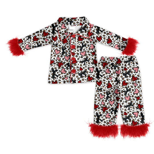 Preorder (moq 5)Baby Girls Leopard Hearts Button Top Pants Valentines Fur Sleeve Pajamas Sets 11.22