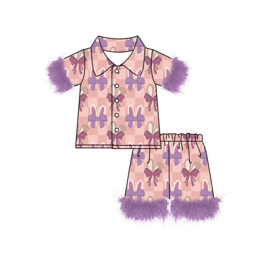 Preorder (moq 8)Baby Girls Pink Checked Rabbits Bows Button Top Shorts Easter Fur Pajamas Sets 9.17
