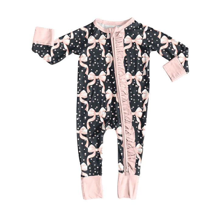 Preorder(moq 5)Baby Infant Girls Black Pink Bows Zipper Footie Rompers 8.13