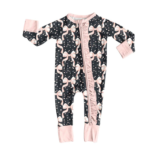 Preorder(moq 5)Baby Infant Girls Black Pink Bows Zipper Footie Rompers 8.13