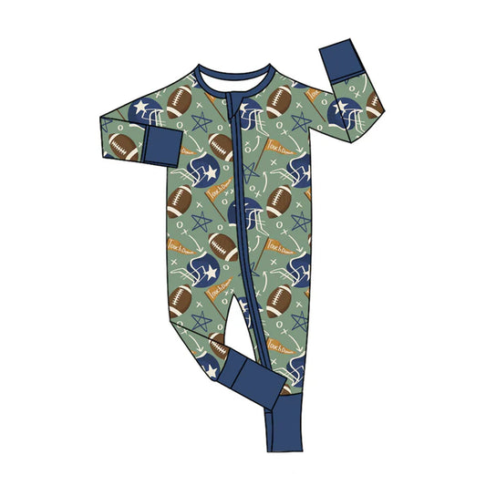 Preorder (moq 8)Baby Boys Footballs Touch Down Team Zipper Footie Rompers 9.23