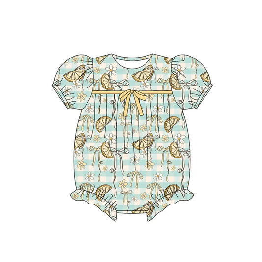 Preorder (moq 5)Baby Girls Blue Stripe Short Ruffle Sleeves Lemons Flowers Rompers 5.27