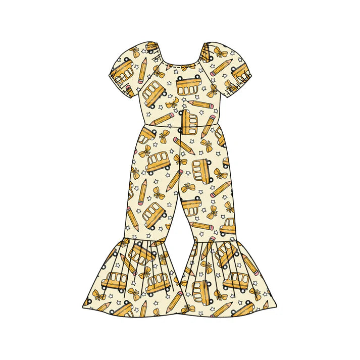 Preorder (moq 5)Baby Girls Bus Pencil Bows Back to School Bell Bottom Pant Jumpsuits 12.27